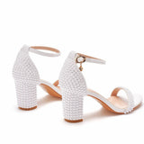 Cm Thick Heeled Shallow Word With Sandals Round Head Square Thick Heel Sandals White Pearl Sandals Wedding