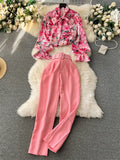 Fashion Printed Suits Women Bow Collar Lantern Sleeve Floral Blouse+Belt Solid Long Pants Streetwear Senior