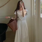 Zingj Chic Summer Simple Temperament Round Collar Fold Closed Waist Show Thin Short Sleeve Large Swing T-Shirt Dress Long