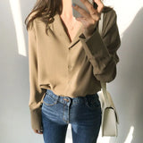 V-neck Office Shirt Korean Long Sleeve Polo Collar Women Clothing Solid Chiffon Blouse Womens Tops