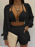 Sleeve Shirt &amp; Pocket Design Shorts Sets With Frill Hem Crop Top Set Women's Shorts and Top Sexy Outfits for Woman