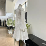French Niche Collar Heavy Industry Nail Drill Luxury Wind Bubble Long Sleeve Buckle Waist Dress With