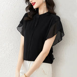 New Summer Of 2025 Loose Show Thin Short Sleeve Lotus Leaf Sleeve Jacket Thin Design Sense Minority Chiffon Shirt