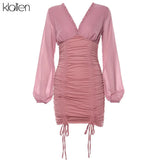 Mesh Long Sleeve V-Neck Solid Sexy Slim Drawstring Ruched Lady Dress 2021 Autumn Sexy Party Night Dresses