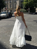 White Ruffles Hem Lace Up Sling Long Dress Women Fashion Sleeveless Backless A-line Loose Robe Summer Lady Flowy