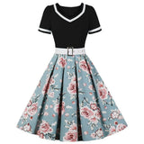 Retro Women's Swing Dress With Belt A Line Tunic Sundress 60s Robe Floral Print Patchwork Bandage Casual Party