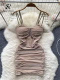 Spaghetti Strap Sexy Bodycon Short Dress Women Ruched Slim Mesh Beach Sundress Fashion Floral Backless Party