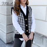 V Neck Houndstooth Vest Cardigan 2020 Black Sleeveless Sweater Women Loose 2020 Autumn Winter Knitted Casual Fashion
