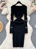 2023 Autumn Knitted Chic Dress O Neck Hollow Out Long Sleeves Bows Decoration Solid Women Slim Fit Bodycon Party