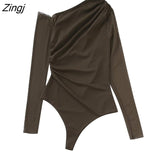 Women Sexy Pleated Design Asymmetrical Mesh Slim Bodysuits Ladies Long Sleeve Perspective Playsuits Mujer Rompers