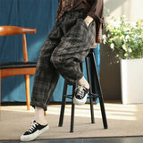 2022 Spring Arts Style Women Elastic Waist Ankle-length Loose Jeans All-matched Casual plaid Cotton Denim Harem Pants