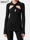 Fashion Women's Knitted Pullover Kinki o-neck Slim Long Sleeve Hollow Out Pit strip Black Sweater spring 2023 New