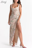 Summer Chiffon Foral Print 2 Piece Dress Set Elegant Lace Up Corset Top and Long Skirt Dress Set for Party