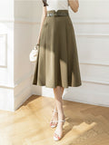 Women's Skirts High Waist Mid-calf A-line Pockets OL Skirt Solid Skirts for Women Vintage Fashion 2023 Summer Pleated Belt