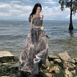 Zingj Senior Sense Two-Piece Tie-Dye Wipe Chest Vest Top Women's New Summer High-Waist A-Line Skirt