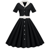 Shirt Rockabilly Dresses Contrast Collar Button Up Short Sleeve Women Elegant High Waist Vintage 60s 50s Midi Swing