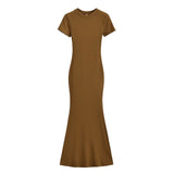 Zingj Trendy Women's Dress Sexy High Waist Hip Fishtail Skirt Temperament Solid Color Short-Sleeved Round-Neck Dress Long