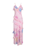 Seaside Holiday Wind V-Neck Suspension Dress 2025 New High-End Printed Lotus Leaf Side Design Long