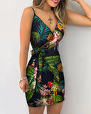 Sexy Women's Summer Mini Bodycon Cami Dresses Casaul V Neck Tropical Print Tied Detail Sleeveless Open Back Wrap