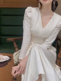 V-neck Long Sleeves Midi Dresses for Women 2023 Autumn New Elegant Party Fashion Slim Vintage Casual Blue Female