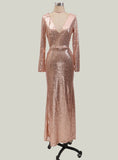Long Rose Gold Sequin Evening Party Dress Vestido De Festa Robe Long Sleeve Gowns Formal Party Dress Reflective