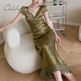 2021 Summer Women Satin Party Dress Sexy Backless Lace Up Vintage Print Lace Crochet Green Silk Long