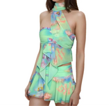Green Tie-dye Print Chiffon Halter Tank Top And Mini Skirt Set-Outfit