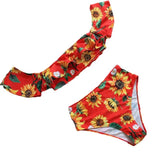 2025 New Split Swimsuit One-Word Shoulder Lotus Side Sunflower Print High-Waist Sexy Bikini