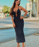 Blue Knit Cut Out Strappy Hook Midi Dress- Outfit