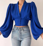 Elegant Leisure Button V-neck Lantern Sleeve Top