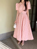 Zingj Chic Summer Age Reduction Doll Collar Bow Jacquard Waist Show Thin Bubble Sleeve Dress With Belt
