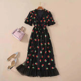 dress Sequined Embroidery Cascading Ruffle Maxi Dress Women summer V-neck Puff Sleeve Bow Pink Tulle Mesh Long