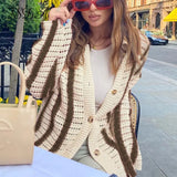 Knitted Long Sleeve Cardigan Women Red Stripe Loose Autumn Winter Fashion Casual Sweater Top V Neck