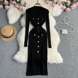Zingj Button Long Sleeve Dress Autumn And Winter New V Collar Fashion Slim Slit Wrapped Hip Step