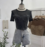 Real Shooting 2024 Summer Denim Splicing Mesh Yarn Short-Sleeved T-Shirt Design Fake Two Hot Girl Short Top