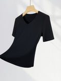 Zingj Grade Simple Classic High Gram Heavy Threaded Shoulder T-Shirt White V-Neck Short Sleeved Jacket Temperament Inside