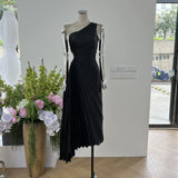French Elegant Style High-Level Famous Temperament Folded Waist Shoulder Dress Dress Dress