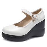 And Autumn Women's Shoes Thick Bottom Slope And Shallow Single Shoes High Heels Ladies Leather Shoes Magic Stick Round Head Loose Cake Middle-Naught Mother