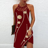 Mini Dress Women Fashion Printed Halter Hollow Out Sleeveless Dresses Elegant Boho Dress Female Beach Party Dress