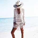 Queens Women Vacation Bikini Sexy Boho dress Lace hollow Flower Long-Sleeved bohemian Beach