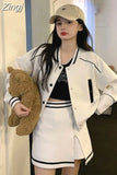 Retro Outerwear Women Long Sleeve High Waist Bomber Coats Casual Sets Black Y2k Short Length Jackets Skirt Preppy