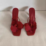Red The Same Tourist Beach Shoes 2025 New Flower Clip High Heel Cool Slippers Women Summer Wear