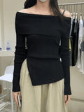 Split Off Shoulder Ribbed Knit Top-Outfit