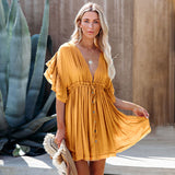 Summer White V neck Beach Dress Ruffles Solid Dresses Women Beachwear Bandeau Mini Dress Clothing For Women