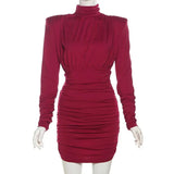 Turtleneck Long Sleeve Puff Pleated Mini Dress- Outfit