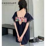 Funky Backless Cartoon Flare Sleeve Summer Dress 2021 Designer Black Straight Mini Dress Women Japanese
