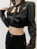 SUCHCUTE Gothic Bandage Leather Jacket Women Winter Punk Style Streetwear Crop Cost Dark Academic Long Sleeve Slim Black