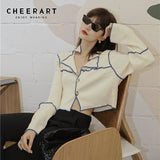 Contrast Stitch Cropped Cardigan Women Long Sleeve Button Up Cardigan Sweater Ribbed Knitted Top Korean