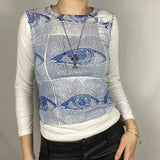 Harajuku Eyes Print T-shirt Long Sleeve Women Crop Top Y2K Aesthetic Sweats Tess Gothic Punk Style Tshirt