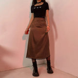Vintage High Waist Satin Midi Skirt Women Brown Black Lace Patchwork Elegant Skirts Ladies Summer Streetwear